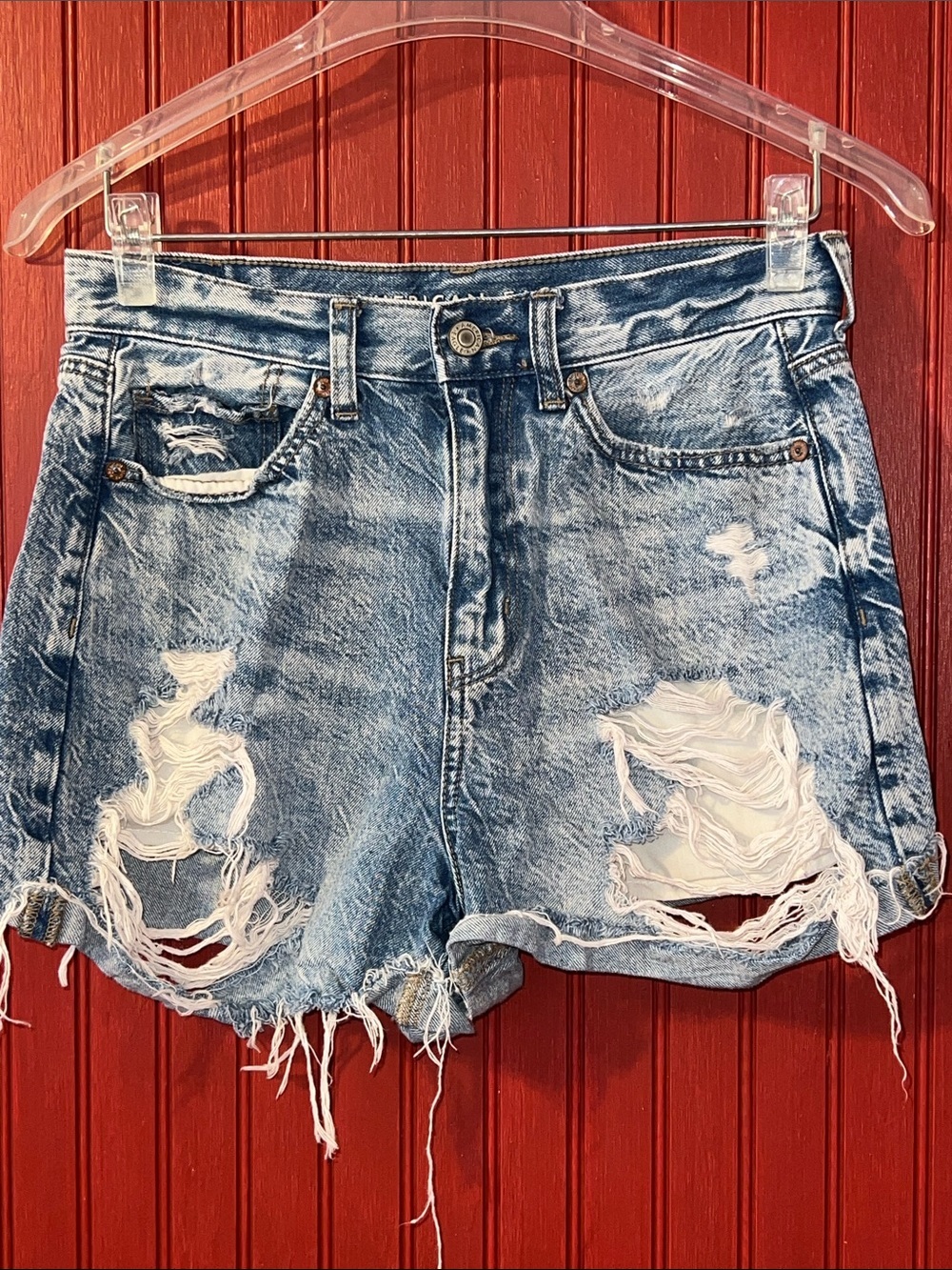 American Eagle Outfitters Distressed Light Blue Denim Mom Shorts 4